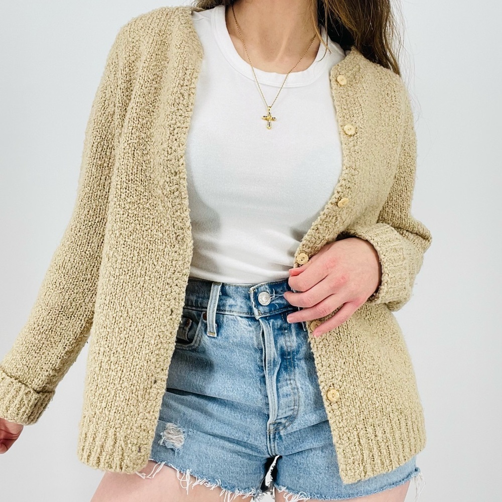 Cozy Open-Front Knit Cardigan Sweater in Beige